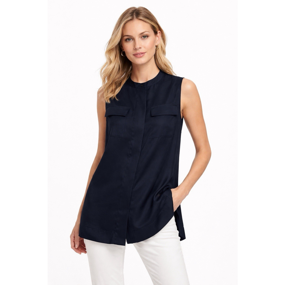 DKNY 100% Silk Black Sleeveless Utility Blouse Shirt Top Pocket Detail Small S